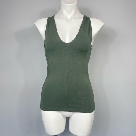 Donna Karan Sleeveless V-Neck Top Olive Army Green Double Layered Strtch Rayon S - Picture 5 of 13
